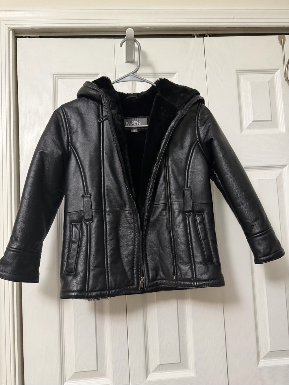 Wilsons Leather Kids Black Faux Leather Hooded Peacoat